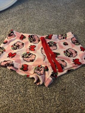 Pink Plush Strawberry Print Lounge Shorts with Red Drawstring